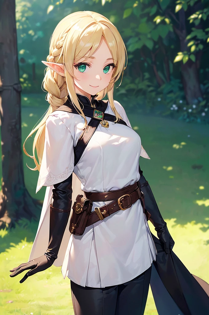 (((masterpiece; best quality: 1.2))), (finely detailed eyes: 1.3), (25 year old elf woman), (solo), (green eyes: 1.4), (body; buxom, fit, femenine: 1.3), (silky blonde hair in braid: 1.3), (beautiful and clear background: 1.2), ((depth of field)), (equipment: adventurer attire + modest + long white tunic + black cape + black pants + gloves + belt + pouches: 1.3), (anime illustration: 1.2), (background composition; royal garden: 1.1), (extremely fine and beautiful: 1.1), (shot composition; standing + centered on torso + close-up: 1.5), (expression; calm, smile: 1.2)