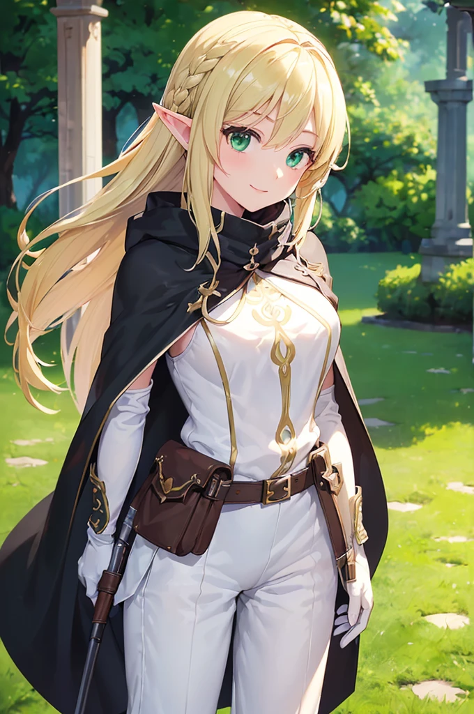 (((masterpiece; best quality: 1.2))), (finely detailed eyes: 1.3), (25 year old elf woman), (solo), (green eyes: 1.4), (body; buxom, fit, femenine: 1.3), (silky blonde hair in braid: 1.3), (beautiful and clear background: 1.2), ((depth of field)), (equipment: adventurer attire + modest + long white tunic + black cape + black pants + gloves + belt + pouches: 1.3), (anime illustration: 1.2), (background composition; royal garden: 1.1), (extremely fine and beautiful: 1.1), (shot composition; standing + centered on torso + close-up: 1.5), (expression; calm, smile: 1.2)
