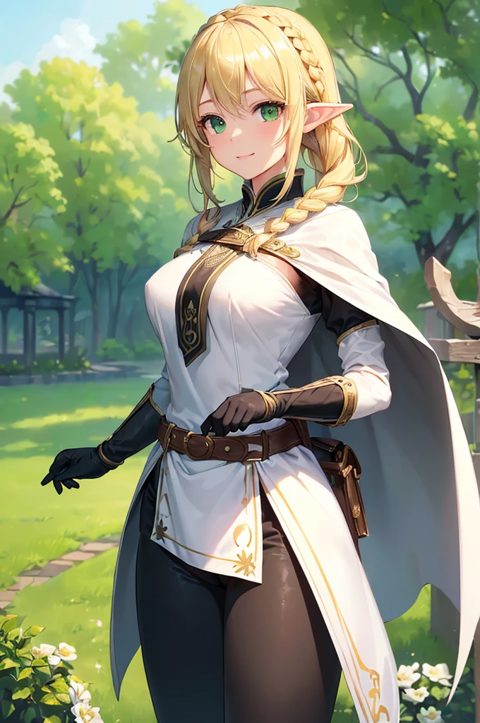 (((masterpiece; best quality: 1.2))), (finely detailed eyes: 1.3), (25 year old elf woman), (solo), (green eyes: 1.4), (body; buxom, fit, femenine: 1.3), (silky blonde hair in low ponytail: 1.3), (beautiful and clear background: 1.2), ((depth of field)), (equipment: adventurer attire + modest + long black tunic + white cape + black pants + gloves + belt + pouches: 1.3), (anime illustration: 1.2), (background composition; royal garden: 1.1), (extremely fine and beautiful: 1.1), (shot composition; standing + centered on torso + close-up: 1.5), (expression; calm, smile: 1.2)