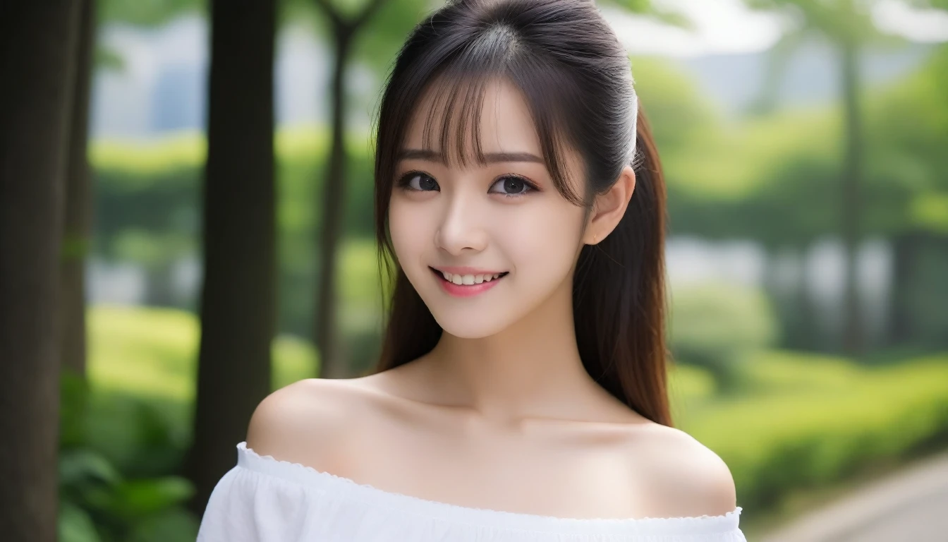 8k, Ultra-high resolution, Highest quality, masterpiece, 三分割法によるphotograph,Surreal, photograph, 1 Girl, (:1.3), pretty girl, Cute Face, Beautiful eyes in every detail, 細かくdetailedに,masterpiece,One Girl:1.2, Japan Female Announcer,extream close up,smile,Black Hair,Messy hair,street tree,Urban area,Young Wife,healthy,Off the shoulder,Natural Makeup,Beautiful clavicle,Realistic Skin, Perfect and beautiful face ,完璧でCute Face, Skin with attention to detail, Perfect limbs、Narrow waist、Thin legs),Looking at the audience、beauty,Long neck、(((Ideal body type))),A cup small breasts :2,Portraiture:2,Perfect Anatomy,鮮明なdetailed,detailed,Surreal,Light and shadow,dappled sunlight