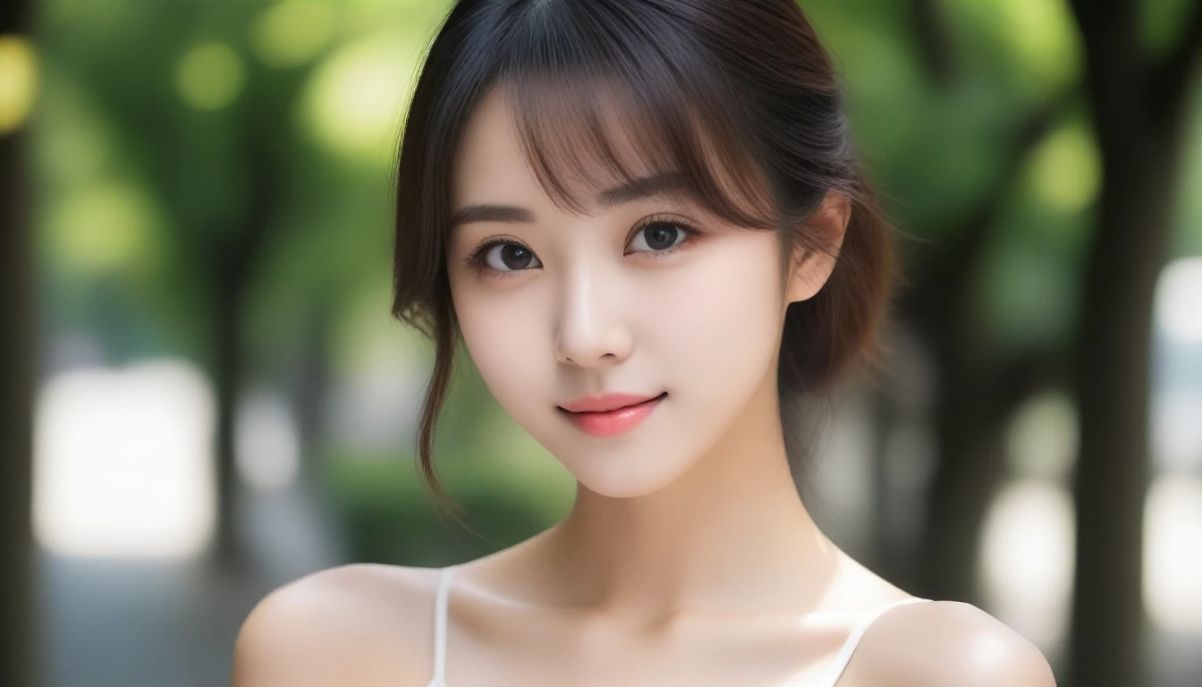 8k, Ultra-high resolution, Highest quality, masterpiece, 三分割法によるphotograph,Surreal, photograph, 1 Girl, (:1.3), pretty girl, Cute Face, Beautiful eyes in every detail, 細かくdetailedに,masterpiece,One Girl:1.2, Japan Female Announcer,extream close up,smile,Black Hair,Messy hair,street tree,Urban area,Young Wife,healthy,Off the shoulder,Natural Makeup,Beautiful clavicle,Realistic Skin, Perfect and beautiful face ,完璧でCute Face, Skin with attention to detail, Perfect limbs、Narrow waist、Thin legs),Looking at the audience、beauty,Long neck、(((Ideal body type))),A cup small breasts :2,Portraiture:2,Perfect Anatomy,鮮明なdetailed,detailed,Surreal,Light and shadow,dappled sunlight