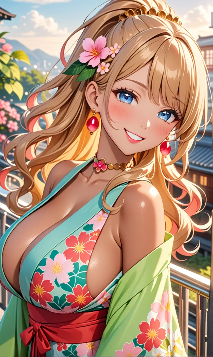 ultra-detailed, ((one girl)),  (tan skin:1.4), in pastel colors gyaru, (heavy makeup), (professional lighting) hyper detailed, absurdres, 8k, Beautiful Face, (Laugh shyly), ((teasing smile:1.6)), ((happy smile:1.5)),  ((Wink:1.6)), (Laugh with your mouth wide open),((Tilt your face:1.6)), View your viewers, ((Bright red cheeks:1.6)),Glossy shocking pink lips, ((huge breasts:1.6)),  ((undressing)), noon, summer, on the train, Anime style background)),masterpiece, Highest quality, (Brighten your face), so beautiful,Latest, Complex details, ((fluorescent pink long nail:1.2)), (ring),(bracelet), (Floral Choker),AI-generated, Complex,High resolution, Highest quality, super high quality,3D Images、3D Images,One person, ((honey blond long hair), (High Ponytail), (wavy hair:1.4), Anime woman posing for a photo, ((Fine grain、blue eyes、glowing eyes:1.3)), (Squint your eyes:1.1),a hyperRealistic , hyperRealistic , Realistic,Anime woman with long honey blonde hair, Smooth anime CG art, A girl in a gorgeous pastel-colored kimono, ((Pastel-colored furisode)),(Pink large floral pattern),  (sideboob), Long flower hair ornament,Big earrings, Mature Body, tall,Narrow waist, front view, portrait, ((upper body)), (Grabbing onto the railing:1.3),