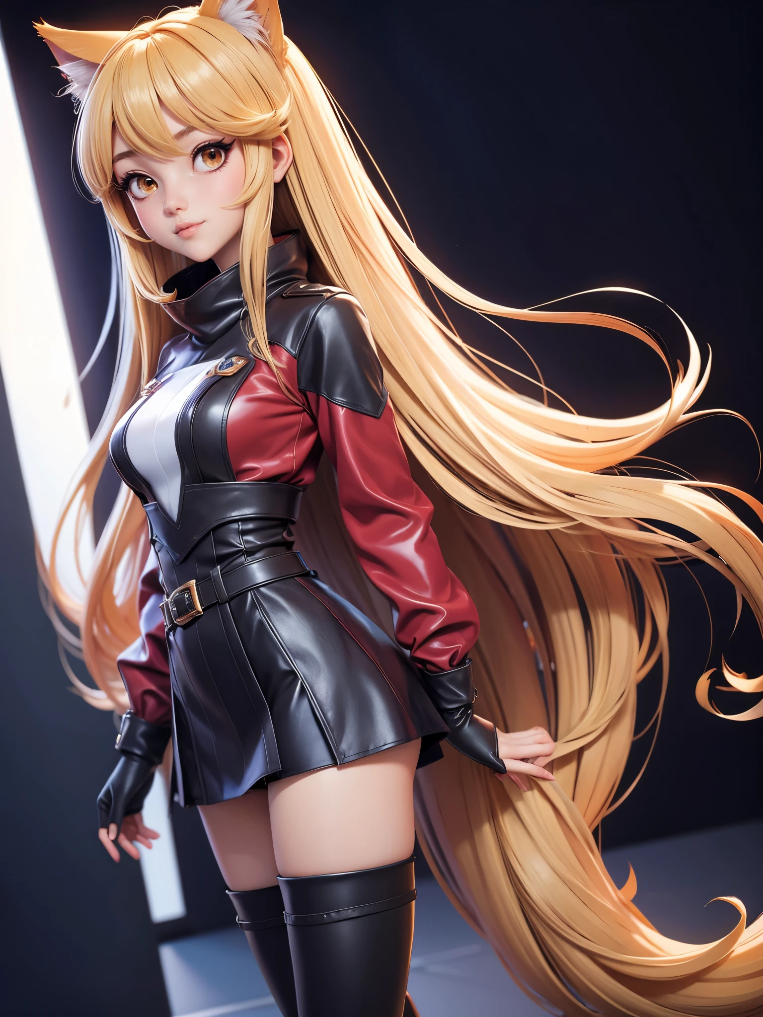 a woman in a long red shirt and thigh high boots standing in front of a crowd, asymetrical outfit, beautiful anime catgirl, anime girl with long hair, anime girl, an anime girl, (anime girl), cute anime catgirl, anime catgirl, beautiful anime girl, holo if a wolf girl, holo is a wolf girl, cute anime girl, blonde anime girl with long hair