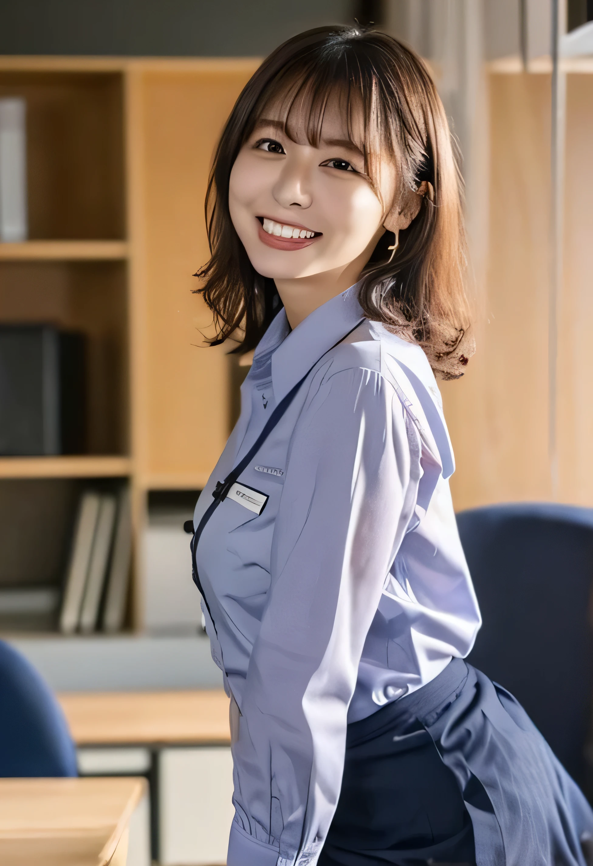 (White collared shirt、Offering tea、Tied up hairstyle、Photo from the waist up:1.4).One Girl, Cool Biz、(Put your hands on the desk and stick your butt out、office、Natural breasts that can be seen even through clothes、Office Lady Uniform、Cute beauty, Delicate girl:1.3), (24-years-old:1.3),(Smiling with teeth showing、Cute smiling eyes、Cute loose perm、(Fluffy hair、Loose perm、Braid only the bangs:1.4)Braid only the bangs、Fluffy hair、Medium Short Hair、Wearing an office lady skirt、Round and ample breasts、Curved waist、Photo from the waist up:1.4)
Very beautiful eyes, (Office Lady Uniform:1.3), (Large Breasts:0.5), Brown eyes, Parted bangs, Light brown hair,
, A face of ecstasy、(The expression of ecstasy、A face of ecstasy:1.0),
, (masterpiece, Highest quality, Super detailed, Detailed face, 8k)