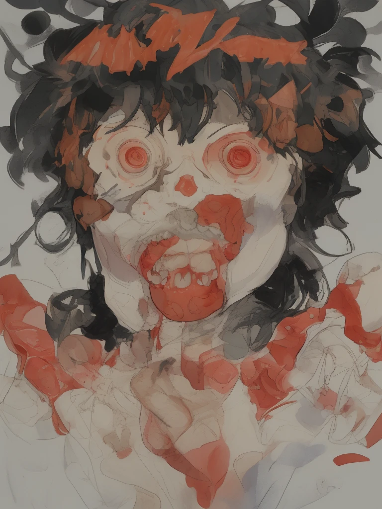 japanese line art, horror painting, extreme face close-up of a beautiful South Sudanese woman with a small smile eating a rotting and bleeding wedding cake, in the style of takato yamamoto <lora:takma2:1>