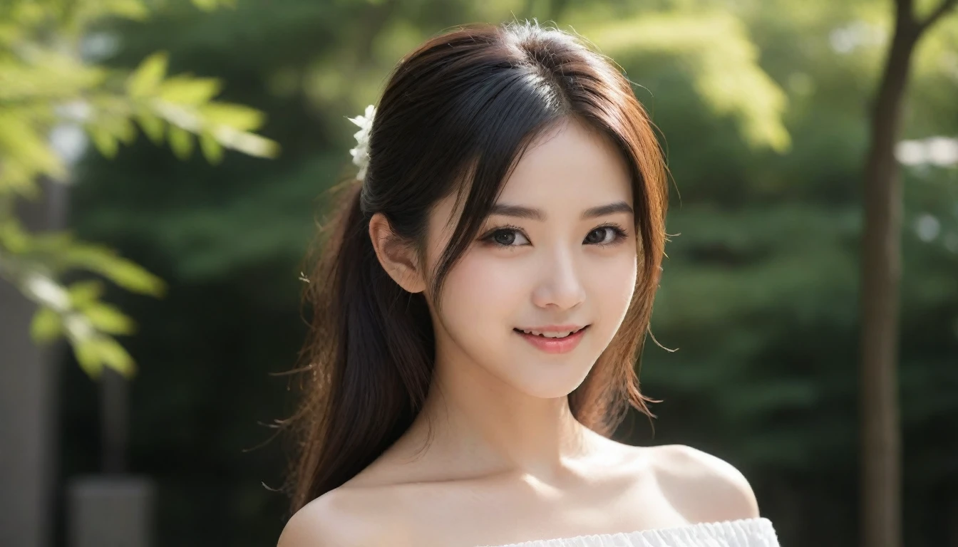 8k, Ultra-high resolution, Highest quality, masterpiece, 三分割法によるphotograph,Surreal, photograph, 1 Girl, (16 years old:1.3), pretty girl, Cute Face, Beautiful eyes in every detail, 細かくdetailedに,masterpiece,One Girl:1.2, Japan Female Announcer,extream close up,smile,Black Hair,Messy hair,street tree,Urban area,Young Wife,healthy,Off the shoulder,Natural Makeup,Beautiful clavicle,Realistic Skin, Perfect and beautiful face ,完璧でCute Face, Skin with attention to detail, Perfect limbs、Narrow waist、Thin legs),Looking at the audience、beauty,Long neck、(((Ideal body type))),A cup small breasts :2,Portraiture:2,Perfect Anatomy,鮮明なdetailed,detailed,Surreal,Light and shadow,dappled sunlight