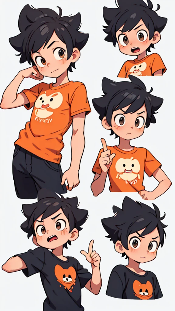 boy , Different emotions, comic-book style, smooth lines, orange short sleeve shirt, short black hair, style cartoon, expressive expression, White background, animated cartoon, dynamic poses, precise details, 2D style, ultra detaild, 8k comic