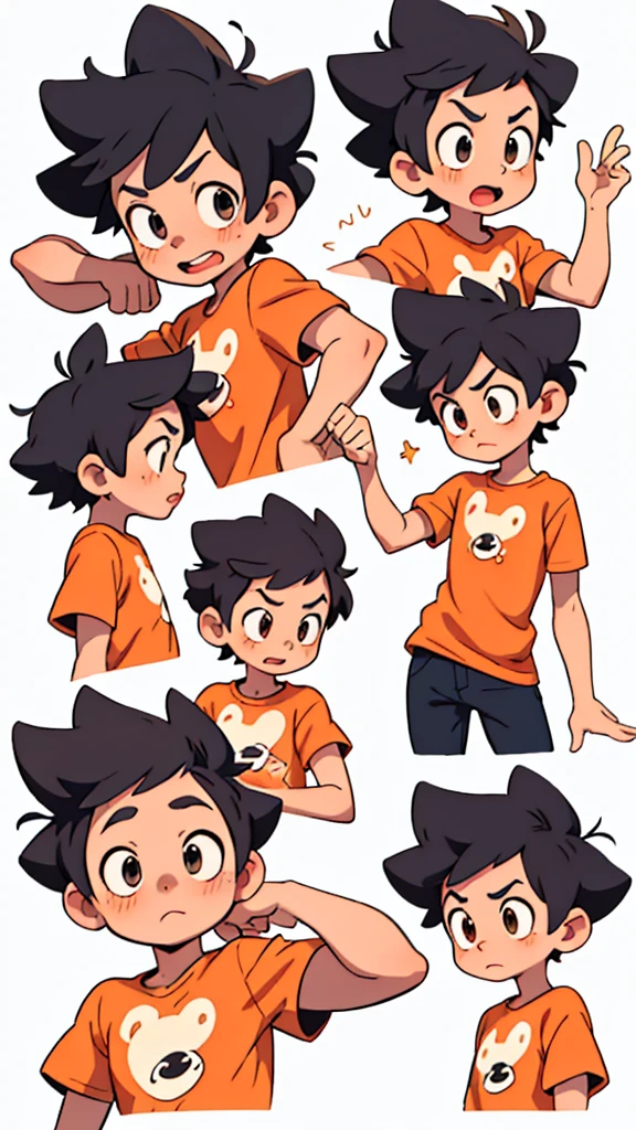 boy , Different emotions, comic-book style, smooth lines, orange short sleeve shirt, short black hair, style cartoon, expressive expression, White background, animated cartoon, dynamic poses, precise details, 2D style, ultra detaild, 8k comic