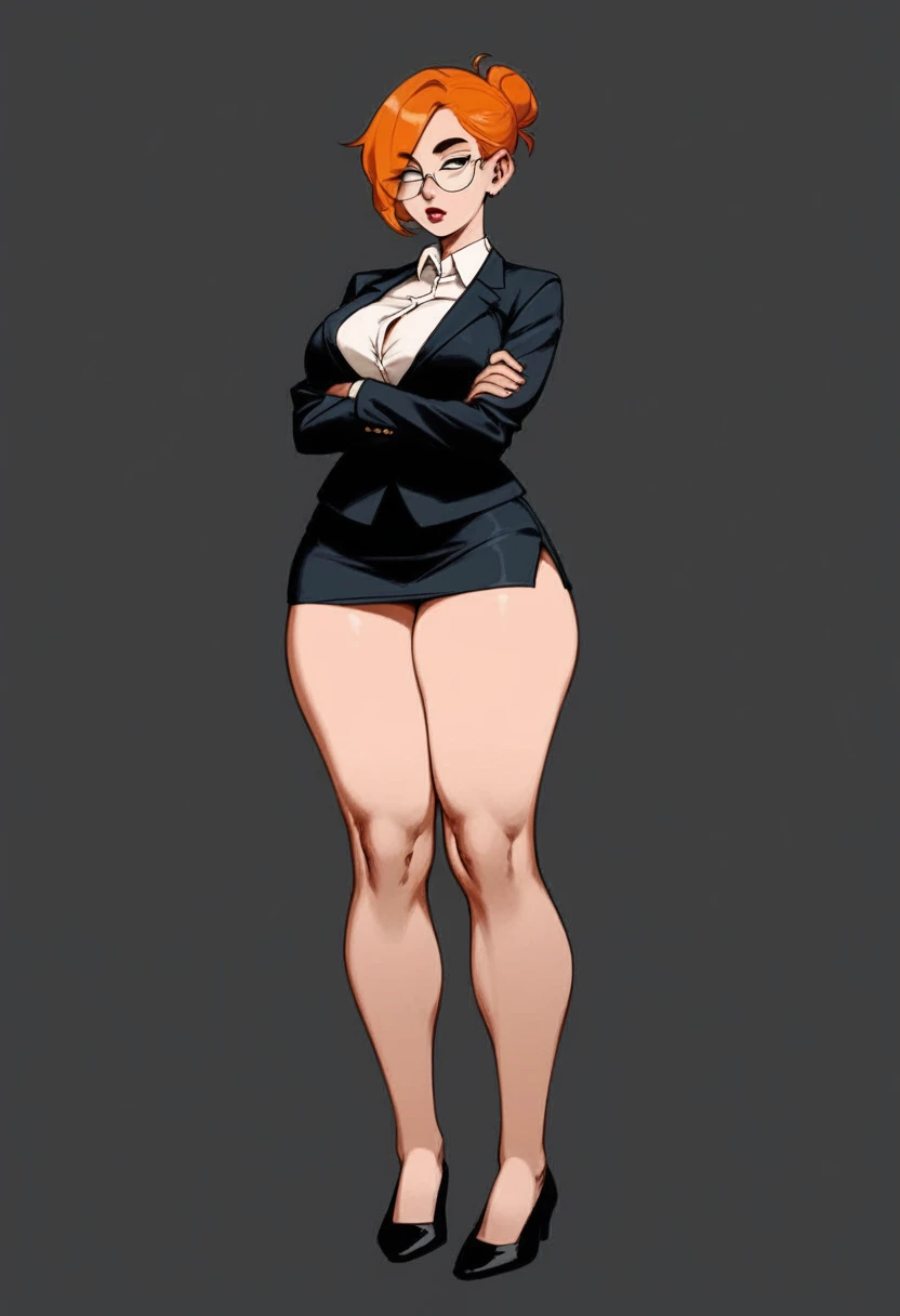 female teacher, pale porcelain skin, short ginger hair in a sleek hairbun, strict facial expression, raised eye brow, half lidded eyes, straight face, glasses, wearing a black blazer over a white blouse, busty, wearing a tight black pencil skirt, has wide hips, thick thighs, large thighs, thighs pressed together, thick legs ((wearing small black slip on flats on her feet)) standing up, entire body showing including legs and feet, feet shown in photo, standing far away, crossed arms