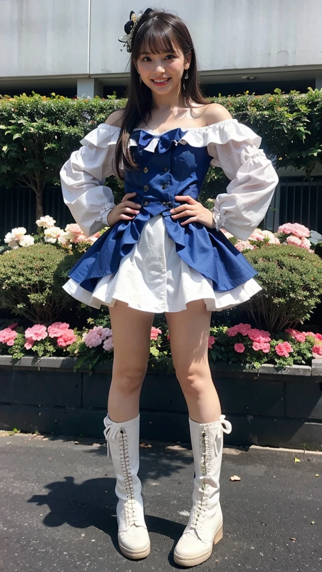(8k、RAW Photos、Highest quality、masterpiece:1.2)、(Highest quality、Realistic)、1 Girl、((Frills、Costume with lines、Lace Material、White and light blue、Anime Cosplay、Check mini skirt、Off the shoulder、Idol Costume、ribbon、See-through、Thin legs、whole body、boots、garden、View from the front、Looking into the camera、Stand with hands on hips))、cute