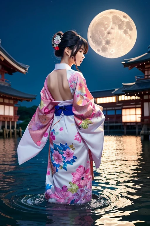 You are an excellent illustrator。
Please refer to the following conditions and imageaximize your potential、
Print high-quality illustrations。
For use as a profile icon for social media. A Japanese goddess wearing a colorful furisode stands with an elegant back view on the full moon floating on the water.