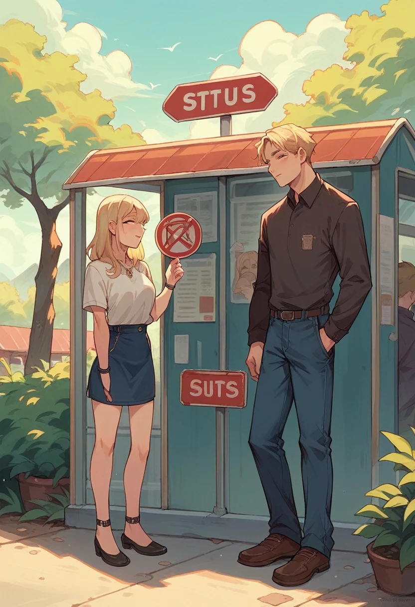 blonde woman, beautiful body, at the bus stop, man looking at her with desire