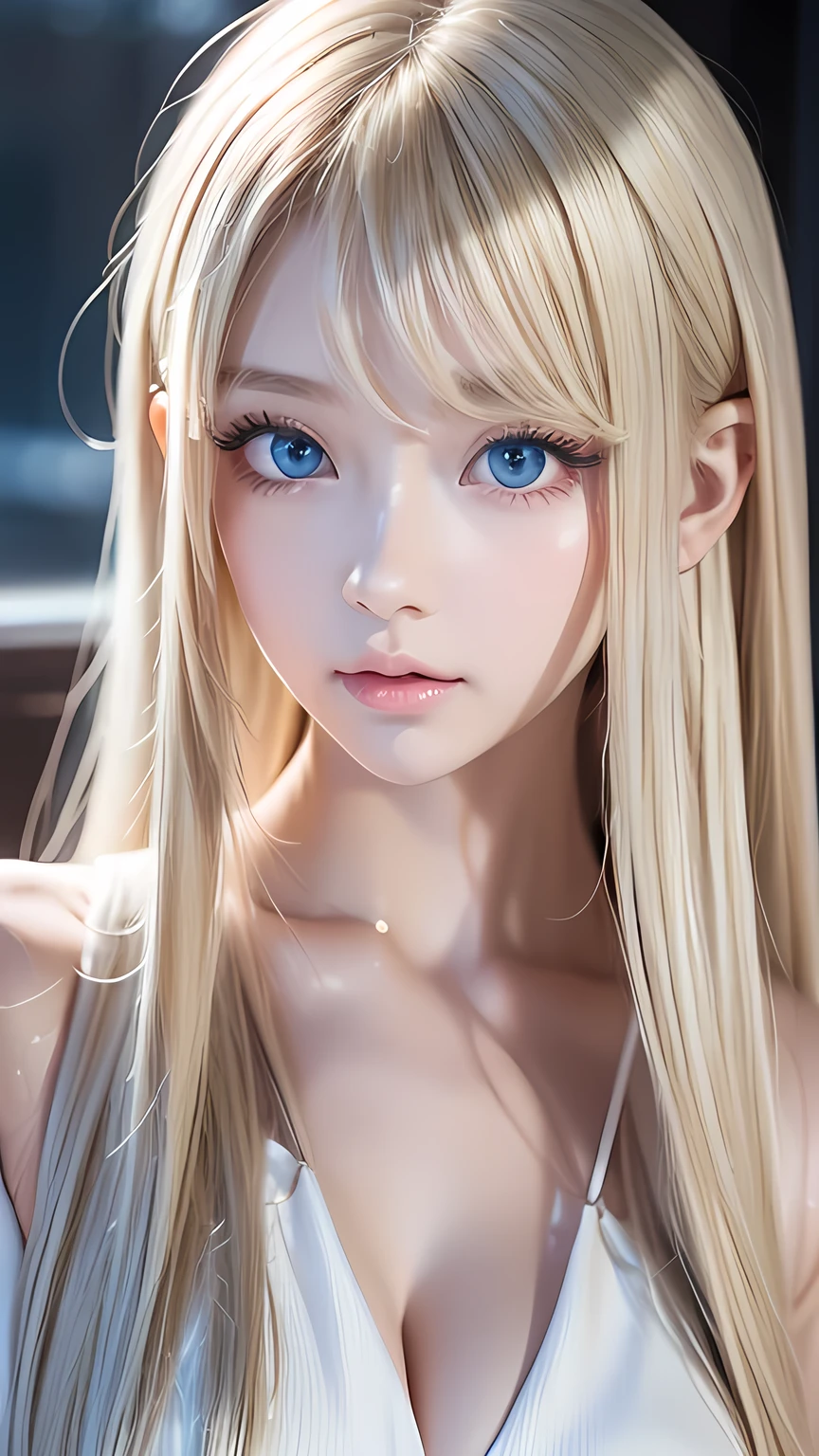 Beautiful Scandinavian girl with beautiful, shiny, bright blonde, mysterious hair.、Super long straight silky hair、Sexy and very beautiful shiny pretty face、Beautiful, glowing skin、Mysterious blonde light reflecting dazzlingly、Beautiful, cute and sexy, shining pale bright sky blue big eyes、Very big eyes、Beautiful super long shiny silky blonde hair、Swing your bangs in front of your eyes、Sexy cute little beaugirl、Blonde hair above the eyes、片Blonde hair above the eyes、Blonde hair between the eyes、Cheek highlighter、Small Face Beauty