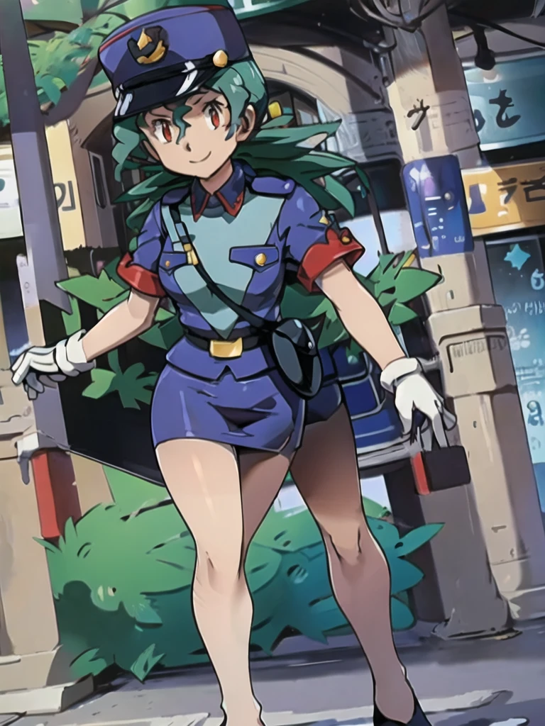 masterpiece, best quality, ultra-detailed, officer jenny, pokemon, 1girl, solo, long hair, smile, red eyes, green hair, white gloves, police hat, miniskirt, bag, star (symbol), uniform, blue skirt, blue shirt, pencil skirt, brown pantyhose, police uniform, realistic, city background volumetric lighting, intricate details, tonemapping, sharp focus, hyper detailed