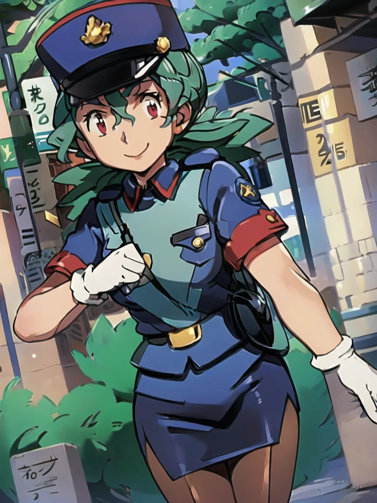 masterpiece, best quality, ultra-detailed, officer jenny, pokemon, 1girl, solo, long hair, smile, red eyes, green hair, white gloves, police hat, miniskirt, bag, star (symbol), uniform, blue skirt, blue shirt, pencil skirt, brown pantyhose, police uniform, realistic, city background volumetric lighting, intricate details, tonemapping, sharp focus, hyper detailed
