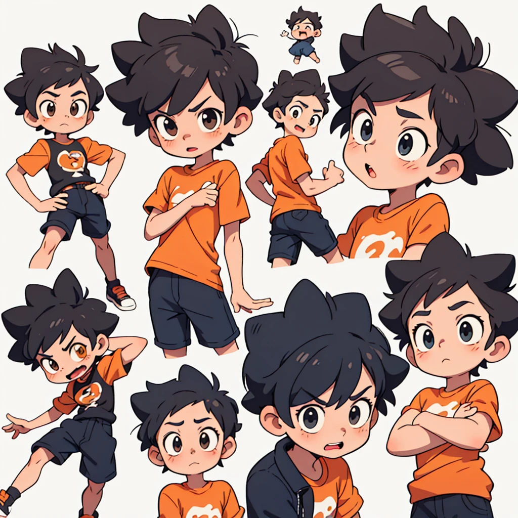 boy , Different emotions, comic-book style, smooth lines, orange short sleeve shirt, short black hair, style cartoon, expressive expression, White background, animated cartoon, dynamic poses, precise details, 2D style, ultra detaild, 8k comic