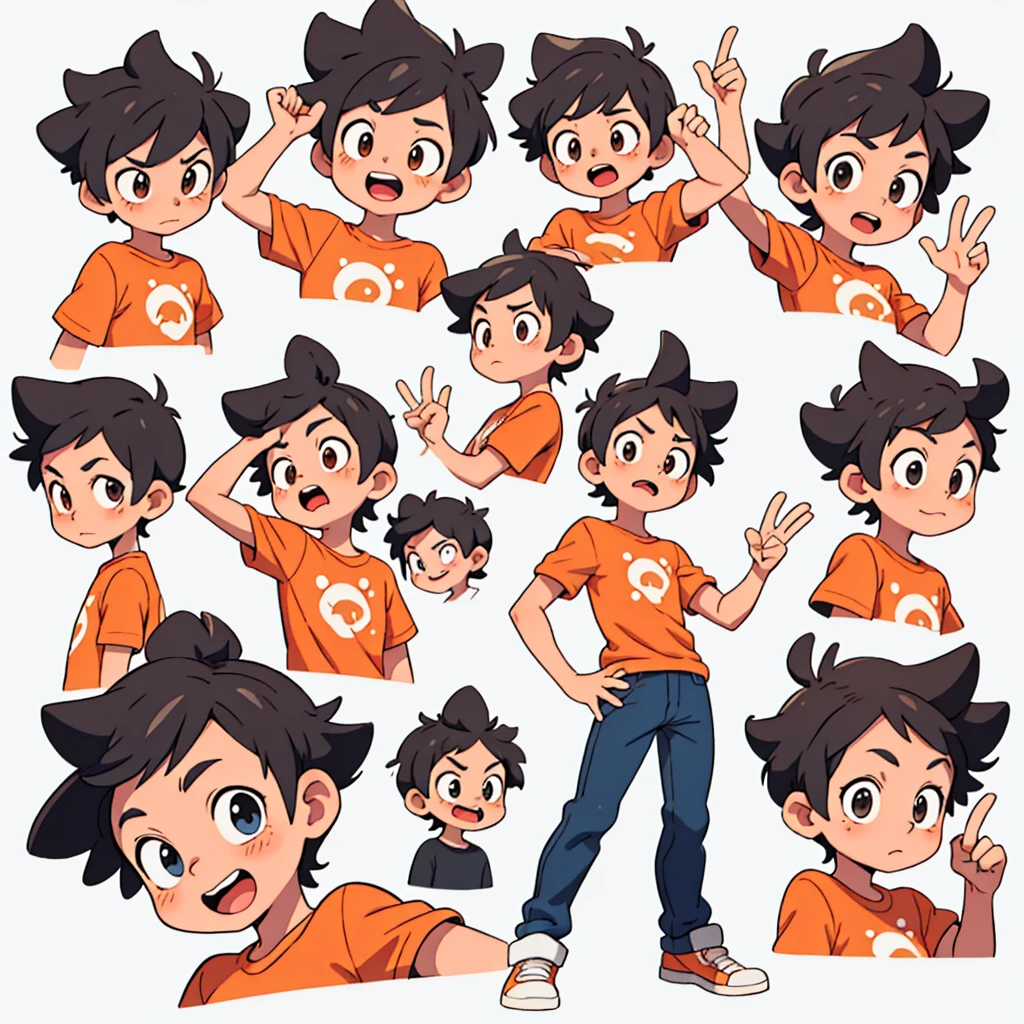 boy , Different emotions, comic-book style, smooth lines, orange short sleeve shirt, short black hair, style cartoon, expressive expression, White background, animated cartoon, dynamic poses, precise details, 2D style, ultra detaild, 8k comic