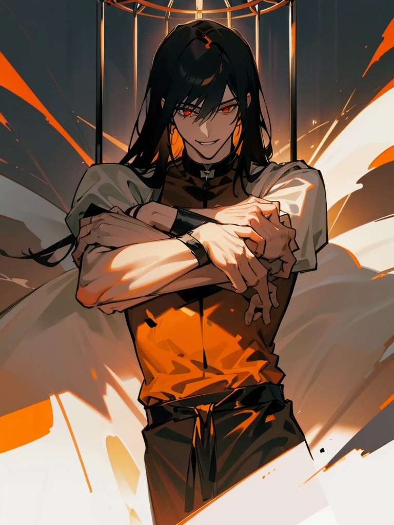 a man, Black long straight hair, dark red eyes, Slender and tall, prisoner, Perfect male body, Looking at the camera, (Orange prison uniform, Hold your arms tight, Smile, cell), portrait, Dramatic shadows, Prisoner, Chained, Cage