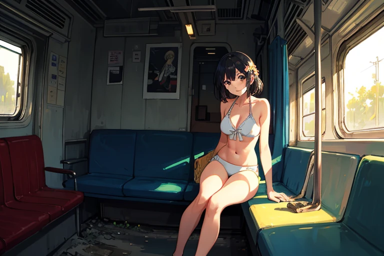 A girl with erect nipples, small breasts, light pubic hair, and short bob black hair walks unsteadily, crying, covering her face, and gets off the train.、whole body