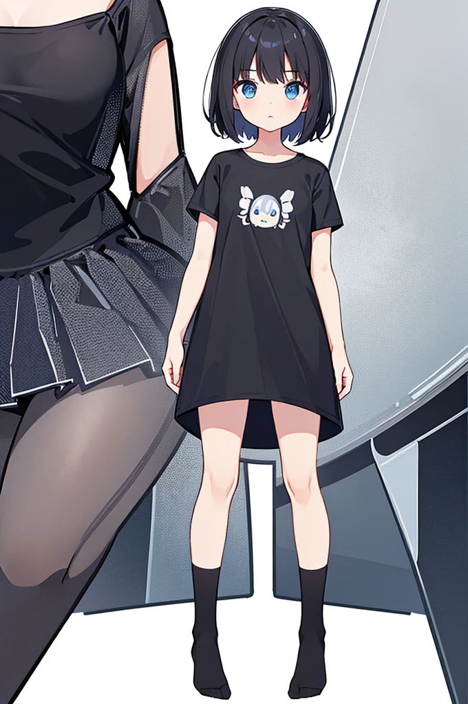 Full body ,dynamic Standing ,(เหมือนจริง:1.37)、1girl, solo, blue eyes, (detailed eyes), flat chest, short hair, black hair, ((black t-shirt)), simple t-shirt, black skirt, black socks, standing, upper body, (white background), Transparent background, looking down, ((masterpiece, illustration, best quality))  , (Full body:1.5), Blank white background, (white background), Transparent background, looking down, ((masterpiece, illustration, best quality)) 