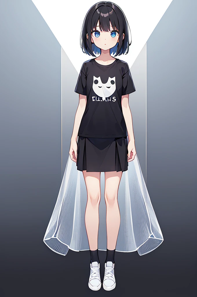 Full body ,dynamic Standing ,(เหมือนจริง:1.37)、1girl, solo, blue eyes, (detailed eyes), flat chest, short hair, black hair, ((black t-shirt)), simple t-shirt, black skirt, black socks, standing, upper body, (white background), Transparent background, looking down, ((masterpiece, illustration, best quality))  , (Full body:1.5), Blank white background, (white background), Transparent background, looking down, ((masterpiece, illustration, best quality)) 