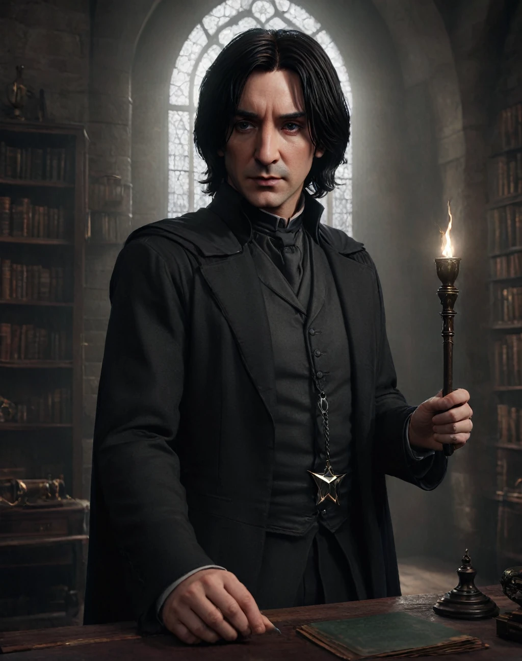 a young severus snape holding the horcrux diadem,octane render,highly detailed,photorealistic,unreal engine,3d,digital painting,hyperdetailed,masterpiece,incredibly realistic,dramatic lighting,chiaroscuro,moody atmosphere,deep shadows,cinematic composition,volumetric lighting,ultra realistic,photographic quality,exquisite details,intricate textures,sharp focus,award winning,extremely realistic,flawless render,stunning visuals,cinematic framing,dramatic pose,beautiful lighting,high resolution,studio lighting,professionally shot