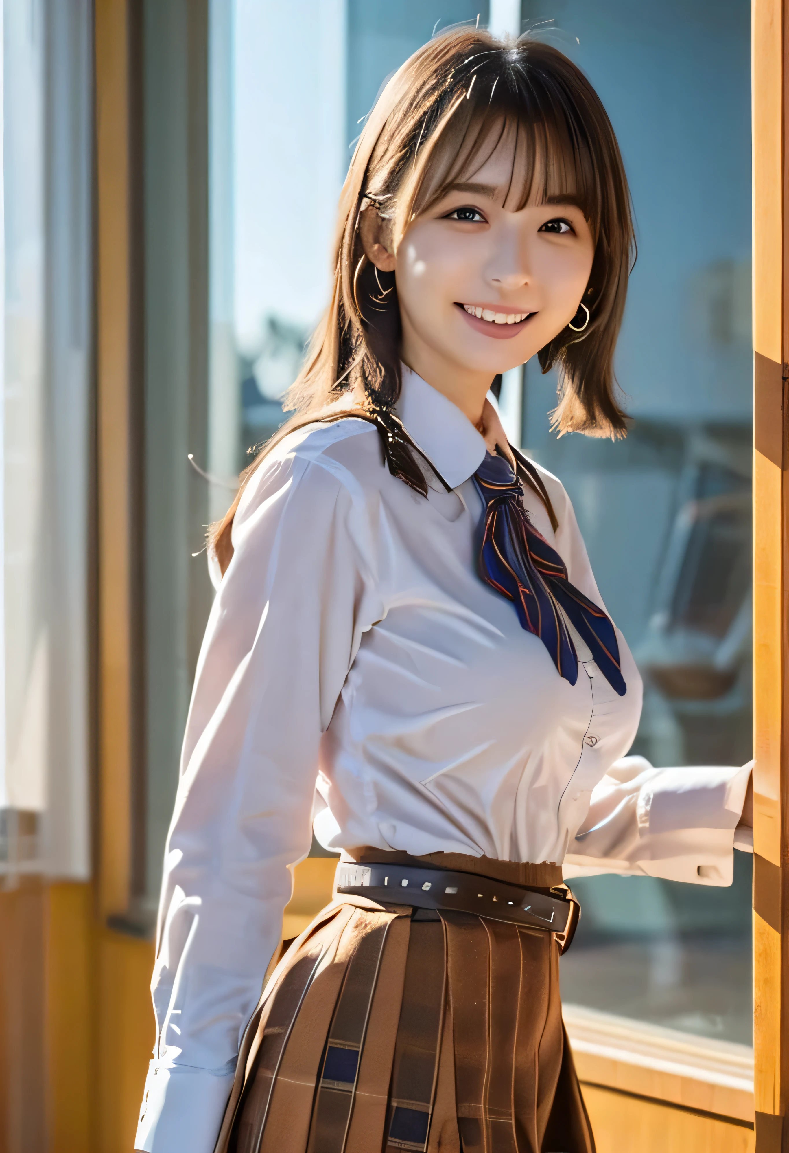 highest quality, masterpiece, ultra high resolution, (realistic:1.4), 20-year-old,1 girl,Super high quality,8k,thinウエスト,thin脚,thin and beautiful arms,beautiful fingers,Sare-eye makeup,thin,Medium chest,soft chest,(((High school bicycle storage))),high school uniform,Blazer uniform and ribbon miniskirt,Meeting after school,((Ponytail and Hair Tie)),((Bangs short hair)),realistic,picture media chest)),((toothy smile)),((big smile))