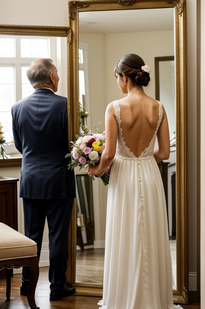 A girl turning her back, while hugging an older man who is holding a bouquet of flowers and taking a photo in front of a mirror
