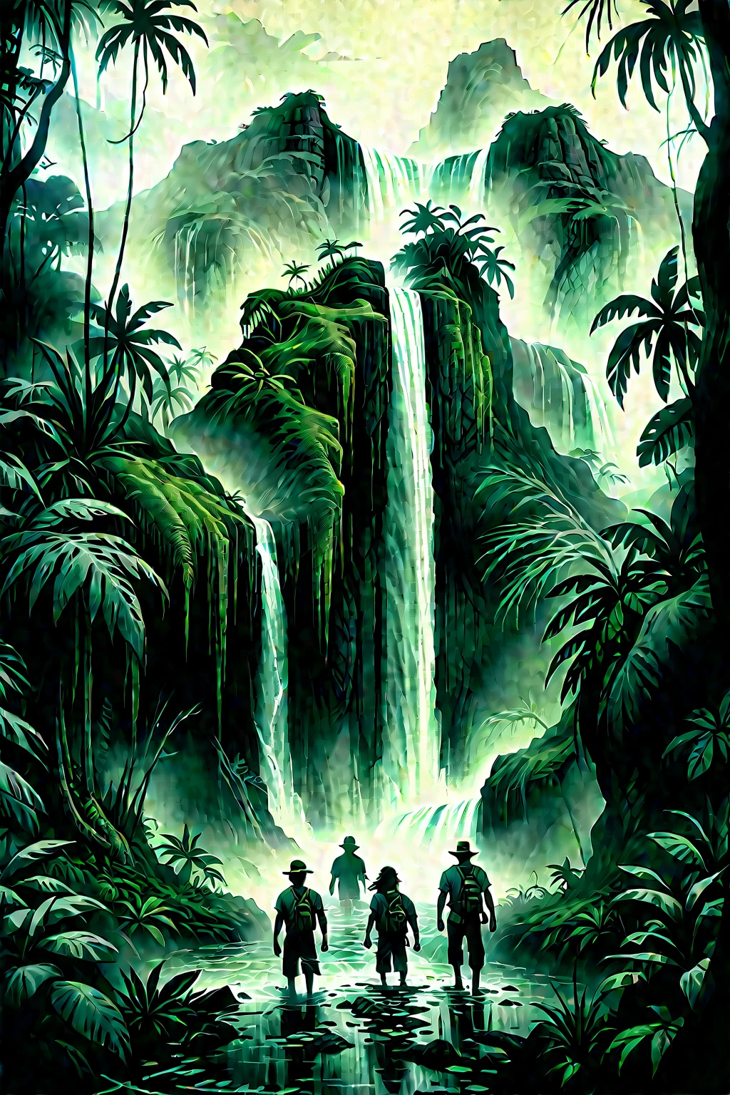 mysterious island, cinematic, image within image, multiple exposure, showcase island, over the shoulder, traversing path, tropical, rewilding, entropy, gritty, noir, 1990s, hand drawn, realism, traveling through jungle, waterfall, sense of adventure and danger, rough expressive sketch style,