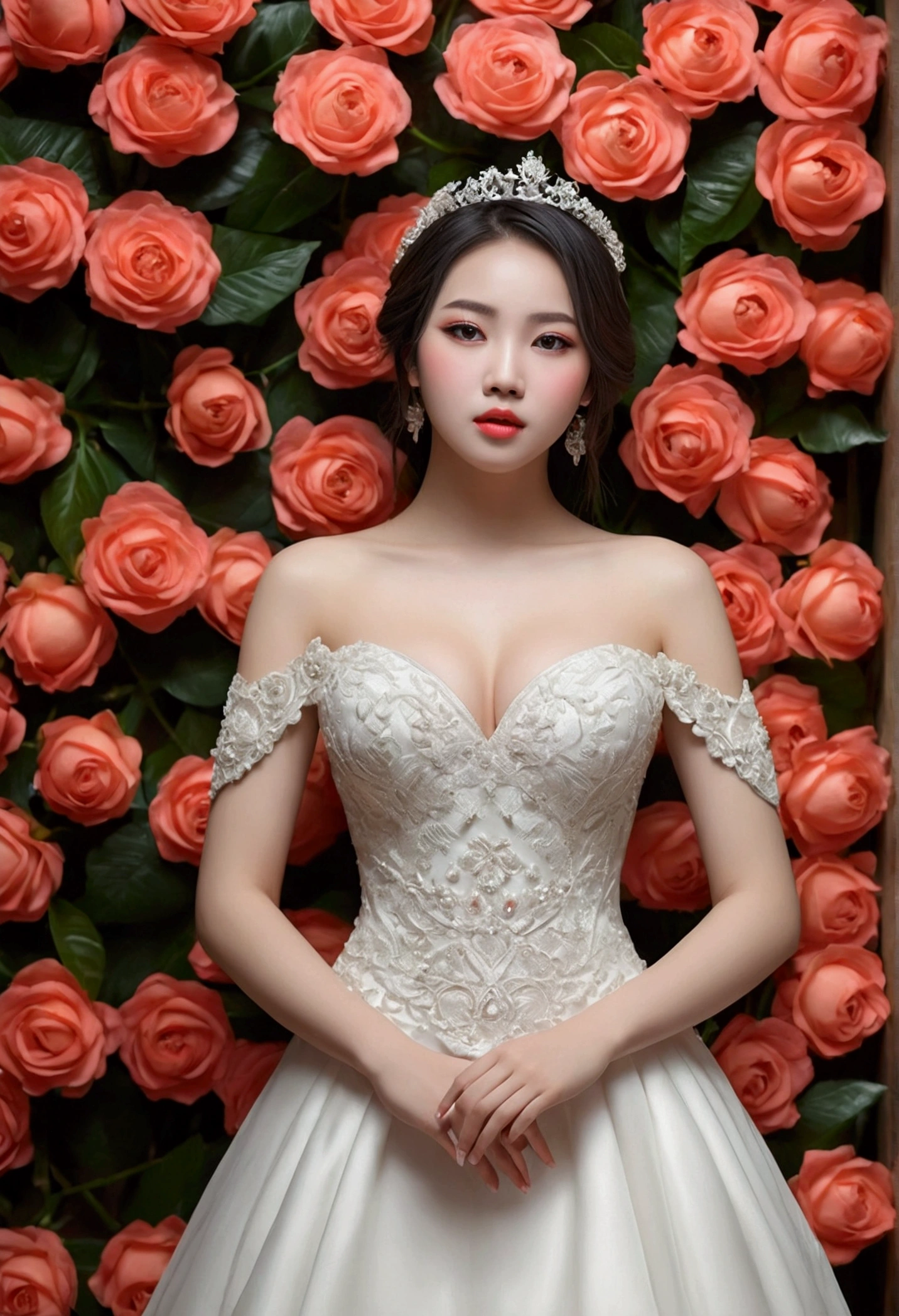 work of art:1.2, best qualityer), realisitic, (Actual image, details Intricate, Depth of field), (1 girl, standing alone), make up, parted lips, highy detailed, face perfect, (cutaneous dentition), thick-thighs, Broad Hips, small waist, Cao Cao, bright coral lips,, (A girl in a wedding dress with flowers in her hands )), sexly, blushful, Connect with AOT