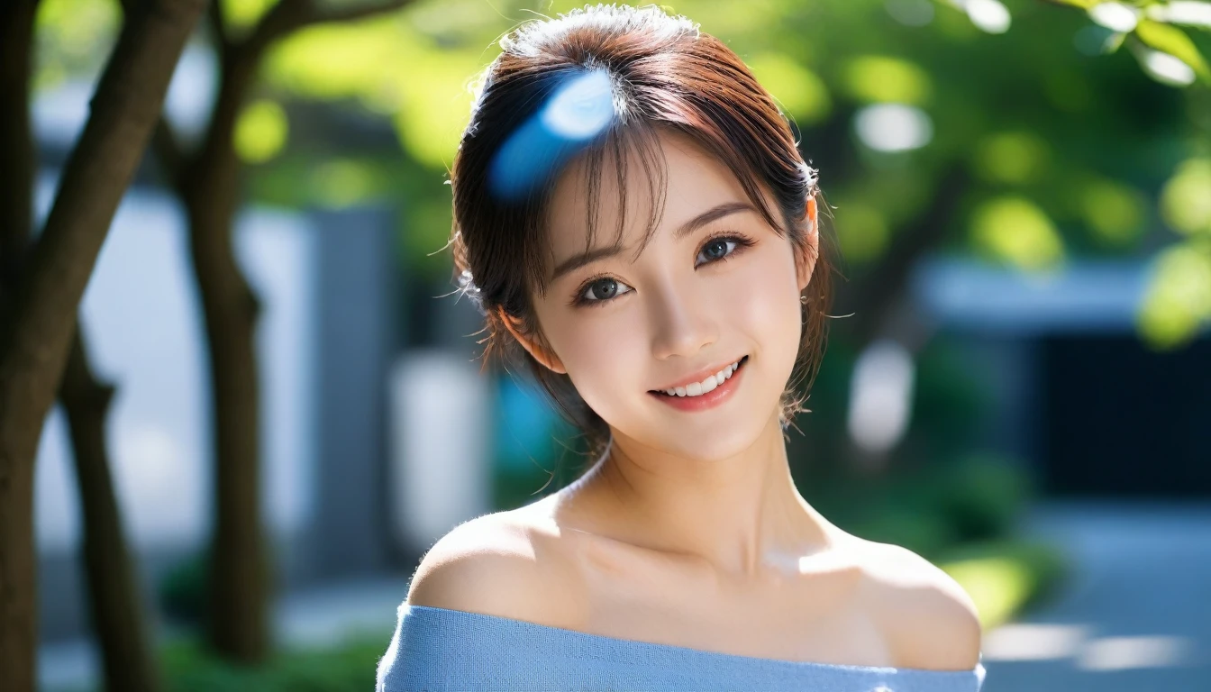 8k, Ultra-high resolution, Highest quality, masterpiece, 三分割法によるphotograph,Surreal, photograph, 1 Girl, (16 years old:1.3), pretty girl, Cute Face, Beautiful eyes in every detail, 細かくdetailedに,masterpiece,One Girl:1.2, Japan Female Announcer,extream close up,smile,Black Hair,Messy hair,street tree,Urban area,Young Wife,healthy,Off the shoulder,Natural Makeup,Beautiful clavicle,Realistic Skin, Perfect and beautiful face ,完璧でCute Face, Skin with attention to detail, Perfect limbs、Narrow waist、Thin legs),Looking at the audience、beauty,Long neck、(((Ideal body type))),A cup small breasts :2,Portraiture:2,Perfect Anatomy,鮮明なdetailed,detailed,Surreal,Light and shadow,dappled sunlight
