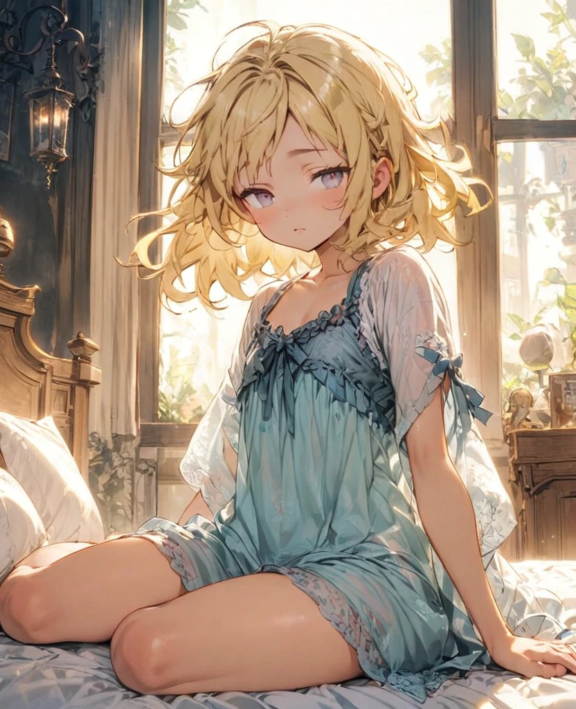boyish Slanted Eyes Blonde whole body moonlight negligee Bob Short At the bed