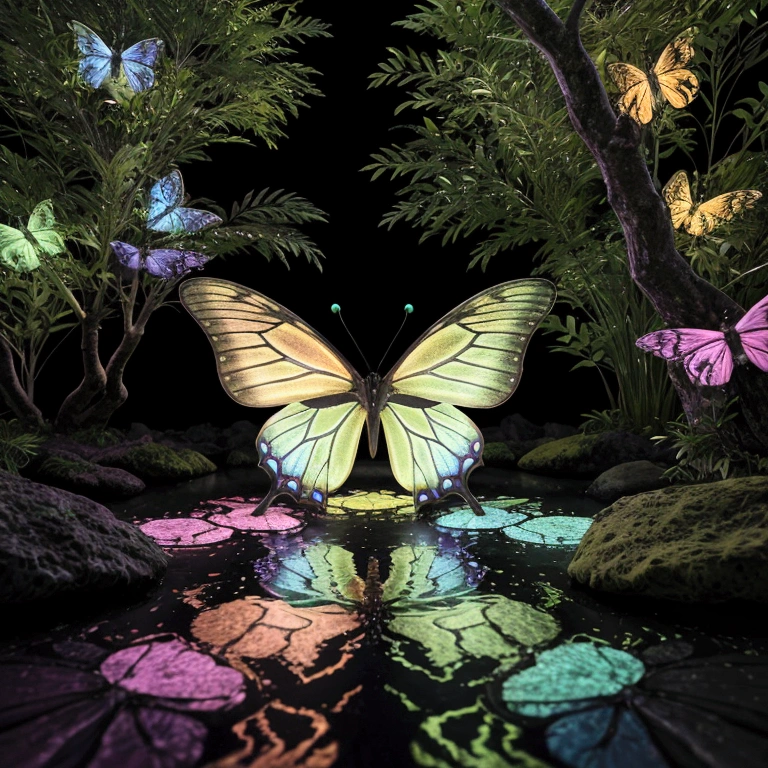 rainbowcolored multiglowing fountain of youth in the deep green forest, from below, rainbowcolored glowing butterflies, cinematic angle, realistic, hyper-realistic, photorealistic, (best quality,4k,8k,highres,masterpiece:1.2),ultra-detailed,(realistic,photorealistic,photo-realistic:1.37),vivid colors,dramatic lighting,