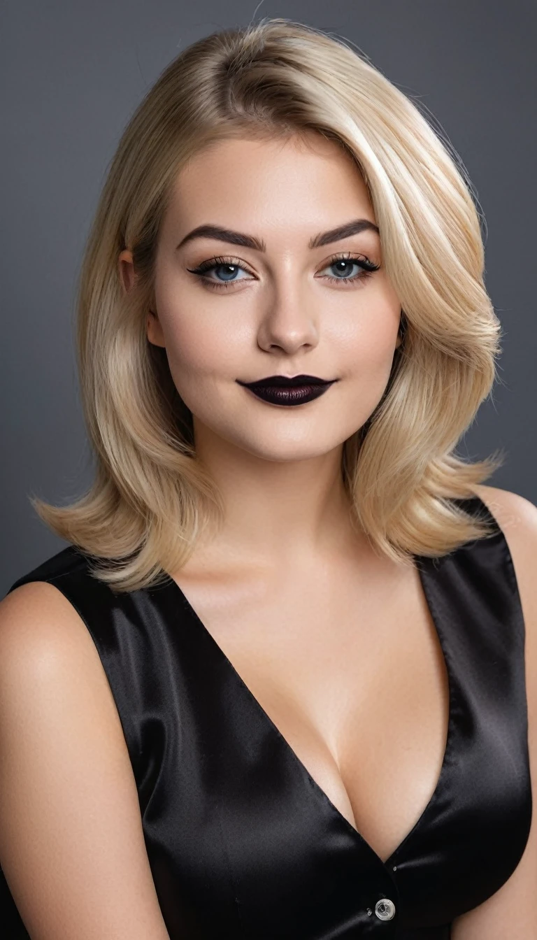 ultrarealistic high quality mugshot photo of a beautiful busty european 20-year-old woman with cute hyperdetailed shy happy face and shoulder length platin-blonde classic bob and long legs, realistic round eyes, black lipgloss, decent makeup with eyeliner, wearing black button-up satin blouse, cleavage, hourglass body, indoor office photography