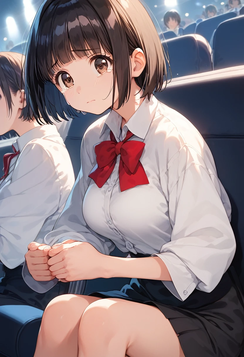 score_9,score_8_up,score_7_up,masterpiece,best quality, source anime, official art, super detailed, extreme detailed, rating_safe,
1girl, sitting on seat, watching a movie, clenched hands, own hands together, upper body, not facing the camera,
BREAK girl, 22yo, short hair, bob cut, (blunt bangs), black hair, (tareme, detailed cute brown eyes), curled eyelashes, (large breasts:0.9), 
shiny hair, beautiful detailed eyes, beautiful face,
white collared shirt, black tight mini skirt,  
sad, crying, 
movie theater,  (darkness:1.3), 