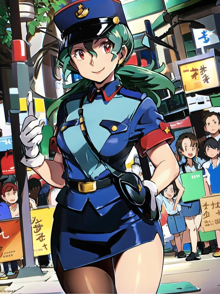 masterpiece, best quality, ultra-detailed, officer jenny, pokemon, 1girl, solo, long hair, smile, red eyes, green hair, white gloves, police hat, miniskirt, bag, star (symbol), uniform, blue skirt, blue shirt, pencil skirt, brown pantyhose, police uniform, realistic, city background volumetric lighting, intricate details, tonemapping, sharp focus, hyper detailed