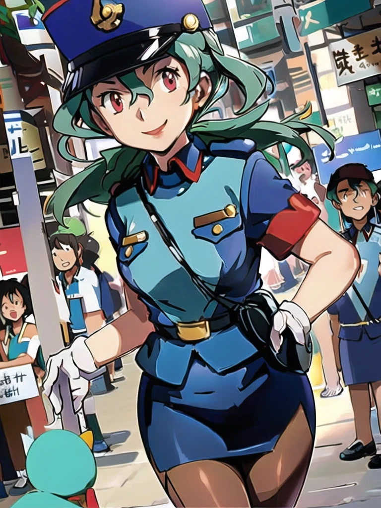 masterpiece, best quality, ultra-detailed, officer jenny, pokemon, 1girl, solo, long hair, smile, red eyes, green hair, white gloves, police hat, miniskirt, bag, star (symbol), uniform, blue skirt, blue shirt, pencil skirt, brown pantyhose, police uniform, realistic, city background volumetric lighting, intricate details, tonemapping, sharp focus, hyper detailed