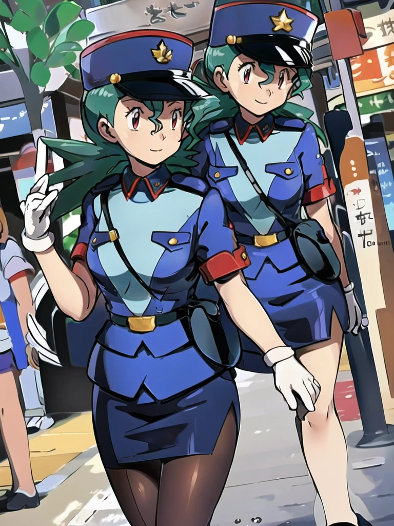masterpiece, best quality, ultra-detailed, officer jenny, pokemon, 1girl, solo, long hair, smile, red eyes, green hair, white gloves, police hat, miniskirt, bag, star (symbol), uniform, blue skirt, blue shirt, pencil skirt, brown pantyhose, police uniform, realistic, city background volumetric lighting, intricate details, tonemapping, sharp focus, hyper detailed