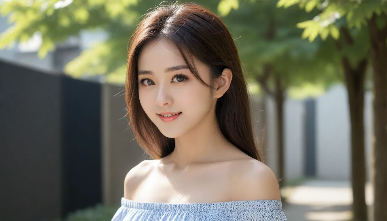 8k, Ultra-high resolution, Highest quality, masterpiece, 三分割法によるphotograph,Surreal, photograph, 1 Girl, (:1.3), pretty girl, Cute Face, Beautiful eyes in every detail, 細かくdetailedに,masterpiece,One Girl:1.2, Japan Female Announcer,extream close up,smile,Black Hair,Messy hair,street tree,Urban area,Young Wife,healthy,Off the shoulder,Natural Makeup,Beautiful clavicle,Realistic Skin, Perfect and beautiful face ,完璧でCute Face, Skin with attention to detail, Perfect limbs、Narrow waist、Thin legs),Looking at the audience、beauty,Long neck、(((Ideal body type))),A cup small breasts :2,Portraiture:2,Perfect Anatomy,鮮明なdetailed,detailed,Surreal,Light and shadow,dappled sunlight