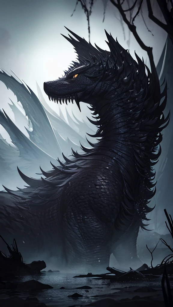 Create a detailed illustration of the Hydra of Lerna, the legendary creature from Greek mythology. The scene should be set in a dark, misty swamp during the night. The Hydra should have nine serpentine heads, each with glowing, menacing eyes that emit a malevolent light. The heads should have open jaws, displaying rows of sharp teeth, with forked tongues protruding.The body of the Hydra should be scaly and covered in a slimy substance, with colors ranging from dark green to black, reflecting the moonlight in certain areas. The creature should have sharp claws on its front legs, digging into the swampy ground, showcasing its strength and ferocity.In the background, include twisted trees and fallen leaves, creating a dense and oppressive atmosphere. Among the trees, silhouettes of other creatures can be glimpsed, enhancing the sense of danger and mystery. The swamp water should be murky, reflecting the Hydra's heads in a distorted manner.Add lighting and shadow effects to highlight the Hydra and create a dramatic contrast with the dark background. Use mist and soft lighting to give depth and realism to the scene.