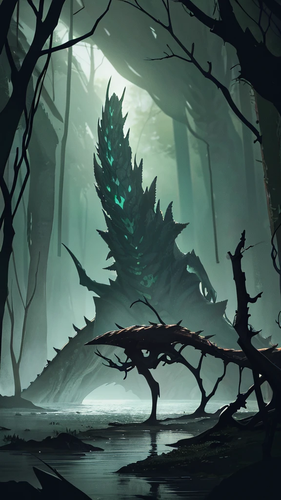 Create a detailed illustration of the Hydra of Lerna, the legendary creature from Greek mythology. The scene should be set in a dark, misty swamp during the night. The Hydra should have nine serpentine heads, each with glowing, menacing eyes that emit a malevolent light. The heads should have open jaws, displaying rows of sharp teeth, with forked tongues protruding.The body of the Hydra should be scaly and covered in a slimy substance, with colors ranging from dark green to black, reflecting the moonlight in certain areas. The creature should have sharp claws on its front legs, digging into the swampy ground, showcasing its strength and ferocity.In the background, include twisted trees and fallen leaves, creating a dense and oppressive atmosphere. Among the trees, silhouettes of other creatures can be glimpsed, enhancing the sense of danger and mystery. The swamp water should be murky, reflecting the Hydra's heads in a distorted manner.Add lighting and shadow effects to highlight the Hydra and create a dramatic contrast with the dark background. Use mist and soft lighting to give depth and realism to the scene.