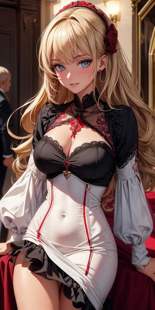 16ｋ,Raw photography,top-quality,hight resolution,Ray tracing,PBR Texture,Post-processing,),(((Leather bondage with dark red long skirt , Cute Japan anime girl,Lucy Heartfilia,Blonde wavy long hair,Big breasts that emphasize cleavage,bare hand,Thin leg,))),(finerly detailed face:1.4),(​masterpiece:1.4),(top-quality:1.4), Beautiful fine skin,(cute little:1.5),(Complex fishnet stockings),pin heels,Leather luster 3.0,Beautiful skin,(Dark Red Bodycon),((tthin eyebrows,long eyelashes,smil,二重まぶた,)),Lying in bed,No title required,Do not wear anything on your shoulders, Nasty figure, From  above,Staring from the front,