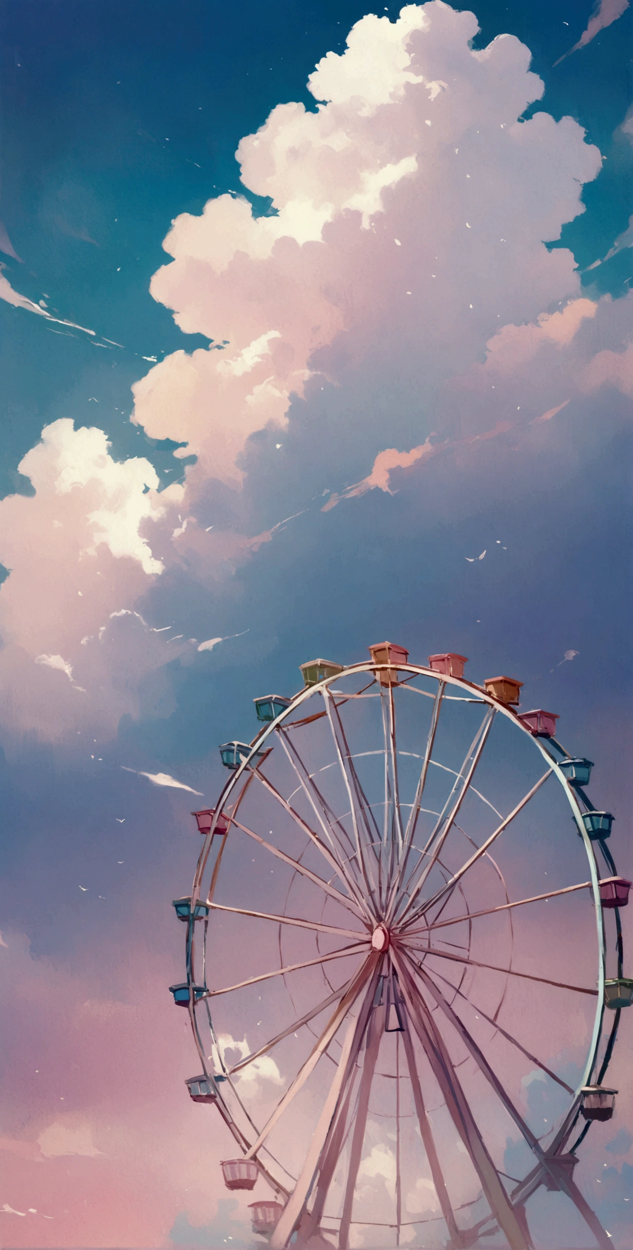 A ferris wheel, far away, beautiful sky, ethereal, magical, inspiring, no people, pastel colors, soft, pure, Innocence