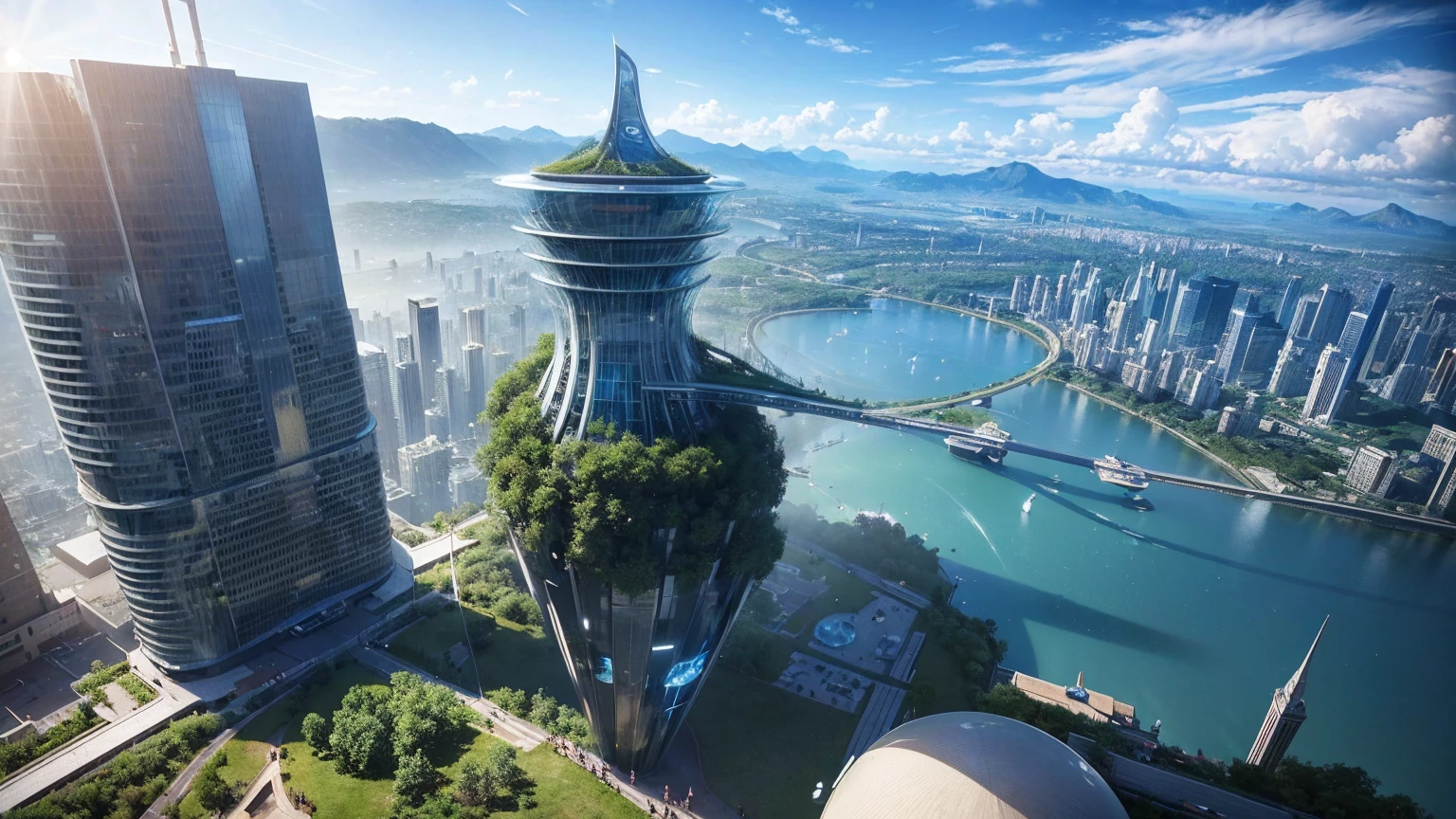 (Best quality,4K,8K,A high resolution,Masterpiece:1.2),Ultra-detailed,(Realistic,Photorealistic,photo-realistic:1.37),Futuristic floating city,Futuristic technology,Huge urban high-tech tablet platform,Airship,Floating in the sky,Futuristic city,Small airships around,High-tech hemispherical platform,Colorful lights,Advanced architecture,modernn architecture,skyscrapper,Access the cloud,Scenic beauty,view over city,Impressive design,Blend seamlessly with nature,energetic and vibrant atmosphere,Futuristic transportation system,Parking is suspended,Transparent path,Lush greenery,Sky gardens,cascading waterfalls,Magnificent skyline,reflections on the water,Sparkling river,Architectural innovation,futuristic skyscrapers,Transparent dome,The shape of the building is unusual,Elevated walkway,Impressive skyline,Glowing lights,Futuristic technology,Minimalist design,Scenic spots,Panoramic view,Cloud Piercing Tower,Vibrant colors,epic sunrise,epic sunset,Dazzling light display,magical ambiance,The future city,Urban Utopia,LuxuryLifestyle,Innovative energy,sustainable development,Smart city technology,Advanced infrastructure,Tranquil atmosphere,Nature and technology live in harmony,Awesome cityscape,Unprecedented urban planning,Architecture connects seamlessly with nature,High-tech metropolis,A cutting-edge engineering marvel,The future of urban living,Visionary architectural concept,Energy-efficient buildings,Harmony with the environment,A city floating above the clouds,Utopian dreams become reality,The possibilities are endless,State-of-the-art transportation network,Green energy integration,Innovative materials,Impressive holographic display,Advanced communication system,Breathtaking aerial view,Quiet and peaceful environment,Modernist aesthetics,Ethereal beauty
