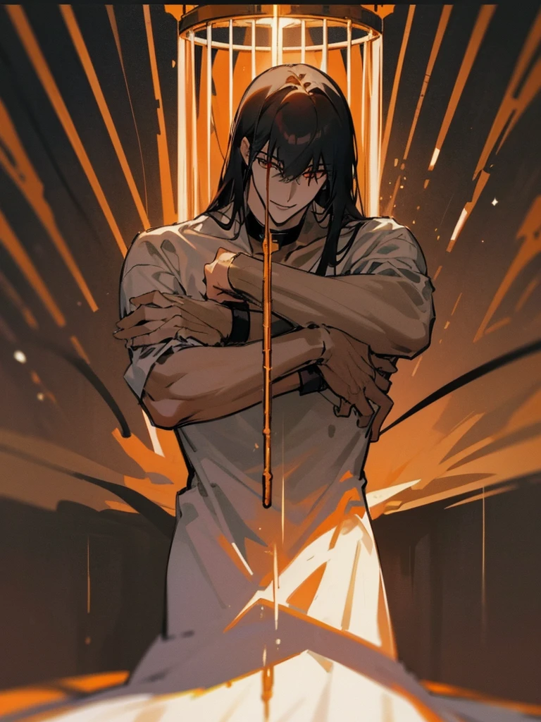 a man, Black long straight hair, dark red eyes, Slender and tall, prisoner, Perfect male body, Looking at the camera, (Orange prison uniform, Hold your arms tight, Smile, cell), portrait, Dramatic shadows, Prisoner, Chained, Cage