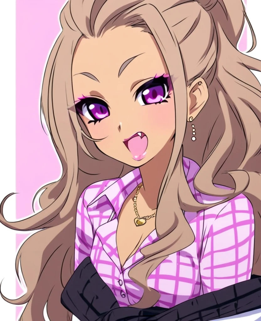 Make a girl with light brown hair, purple eyes. Gyaru style.