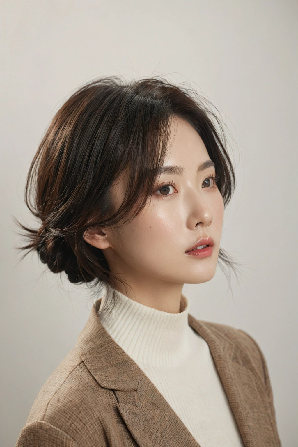 Best Quality, 8k, Masterpiece, (Portrait: 1.3), (photo realistic:1.4), (hyper realistic:1.4), Sharp Focus, looking at viewer, (smoother lighting:1.1), (increase cinematic lighting quality:0.9), realistic lighting, backlighting, light on face, ray trace, (brightening light:1.2), (Increase quality:1.4), sharp detail, (best quality real texture skin:1.4), finely detailed eyes, black_eyes, finely detailed face, 30 year old Korean woman