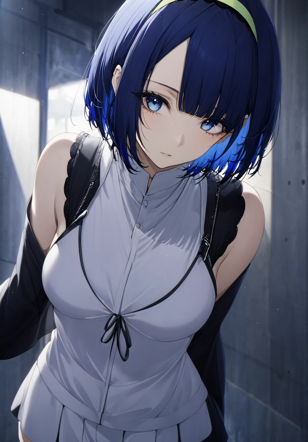 blue hair,blue eyes,short hair,jewelry hairband, short hair, bob cut
