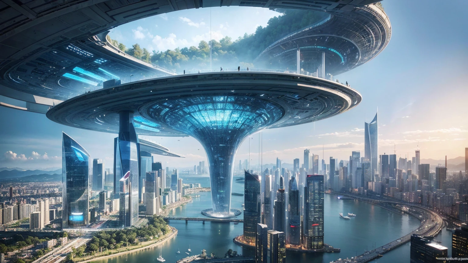 (Best quality,4K,8K,A high resolution,Masterpiece:1.2),Ultra-detailed,(Realistic,Photorealistic,photo-realistic:1.37),Futuristic floating city,Futuristic technology,Huge urban high-tech tablet platform,Airship,Floating in the sky,Futuristic city,Small airships around,High-tech hemispherical platform,Colorful lights,Advanced architecture,modernn architecture,skyscrapper,Access the cloud,Scenic beauty,view over city,Impressive design,Blend seamlessly with nature,energetic and vibrant atmosphere,Futuristic transportation system,Parking is suspended,Transparent path,Lush greenery,Sky gardens,cascading waterfalls,Magnificent skyline,reflections on the water,Sparkling river,Architectural innovation,futuristic skyscrapers,Transparent dome,The shape of the building is unusual,Elevated walkway,Impressive skyline,Glowing lights,Futuristic technology,Minimalist design,Scenic spots,Panoramic view,Cloud Piercing Tower,Vibrant colors,epic sunrise,epic sunset,Dazzling light display,magical ambiance,The future city,Urban Utopia,LuxuryLifestyle,Innovative energy,sustainable development,Smart city technology,Advanced infrastructure,Tranquil atmosphere,Nature and technology live in harmony,Awesome cityscape,Unprecedented urban planning,Architecture connects seamlessly with nature,High-tech metropolis,A cutting-edge engineering marvel,The future of urban living,Visionary architectural concept,Energy-efficient buildings,Harmony with the environment,A city floating above the clouds,Utopian dreams become reality,The possibilities are endless,State-of-the-art transportation network,Green energy integration,Innovative materials,Impressive holographic display,Advanced communication system,Breathtaking aerial view,Quiet and peaceful environment,Modernist aesthetics,Ethereal beauty
