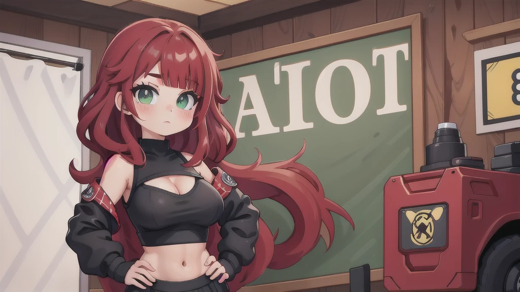 woman, curly red pixie cut hair, green eyes, wearing crop top black shirt, long black jacket, red plaid skirt, black fingerless gloves, exposed shoulders, large breasts freckles, cleavage, abs, looking at viewer, masterpiece, best quality, Holo-Punk Style